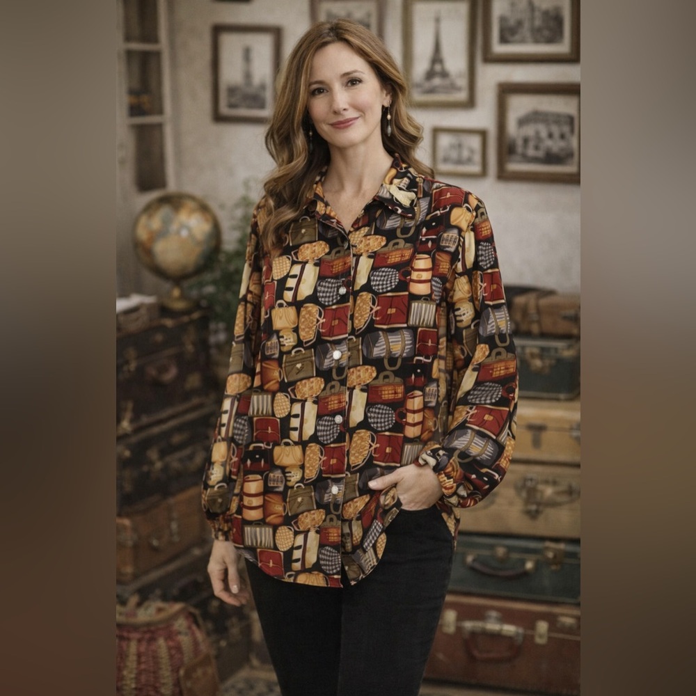 Anita Bell 100% Silk Blouse Sz 14 Novelty Luggage Bag Print Button Front Vtg